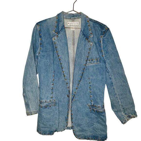 Vintage MAXILOU Light Wash Gold Studded Front Pockets Denim Jacket Size Medium - Picture 1 of 9